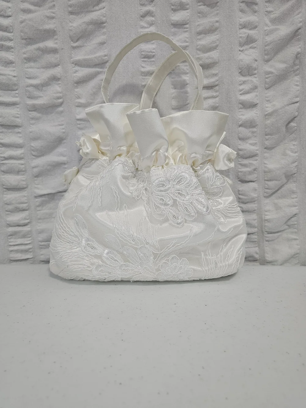 Enchanted Bride Satin Bridal Purse Wedding Money Bag White Satin Pearl Lace